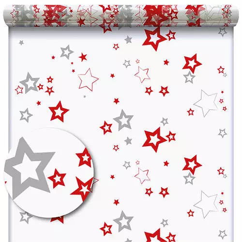 rouleau de film polypro aux motifs de Noël : étoiles rouges et argentées.