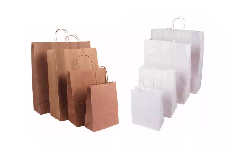 sacs à poignées torsadées kraft brun et kraft blanc