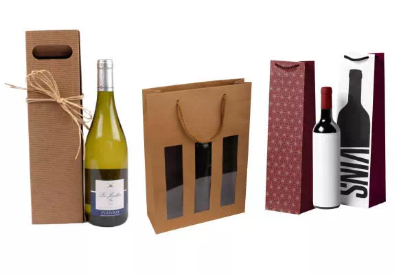 photos ensemble sacs bouteille kraft brun avec et sans fenêtre PVC, sac bouteille design en carton.